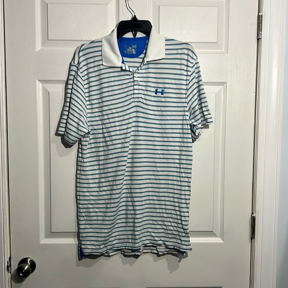 Under Armour Men's White and Blue/Gray Striped Short Sleeve Polo. Size small - Picture 1 of 8